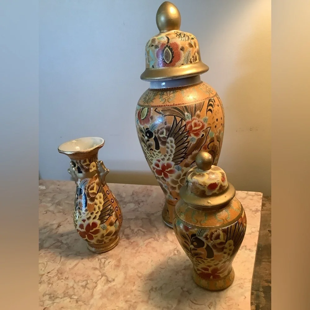 Set Vintage Asian Satsuma Style Ginger Jars + Vase - Picture 2 of 12